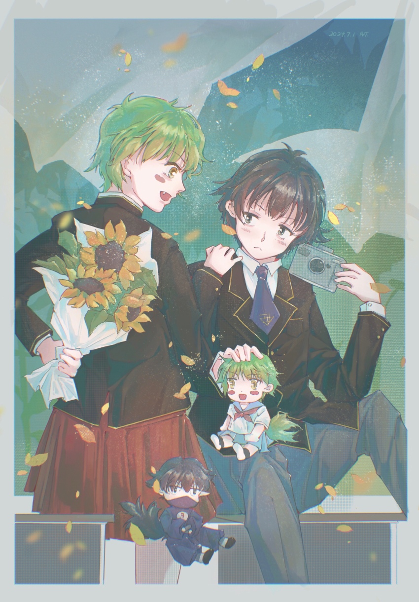 1boy, 1girl, absurdres, baka_to_test_to_shoukanjuu, blazer, blue_necktie, camera, flower