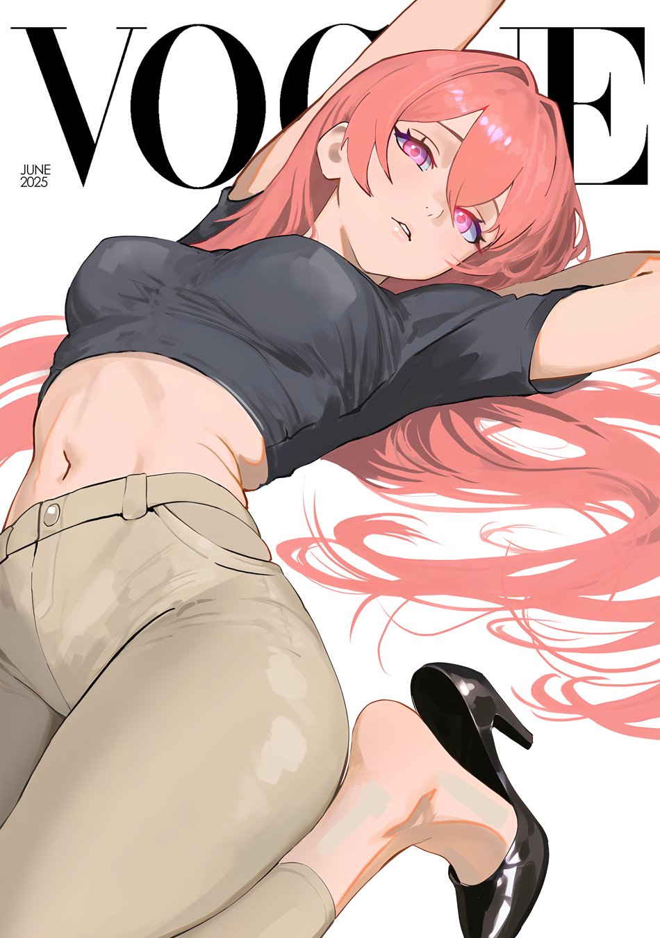 1girl, arched_back, arms_up, black_shirt, black_shoes, breasts, brown_pants, cover