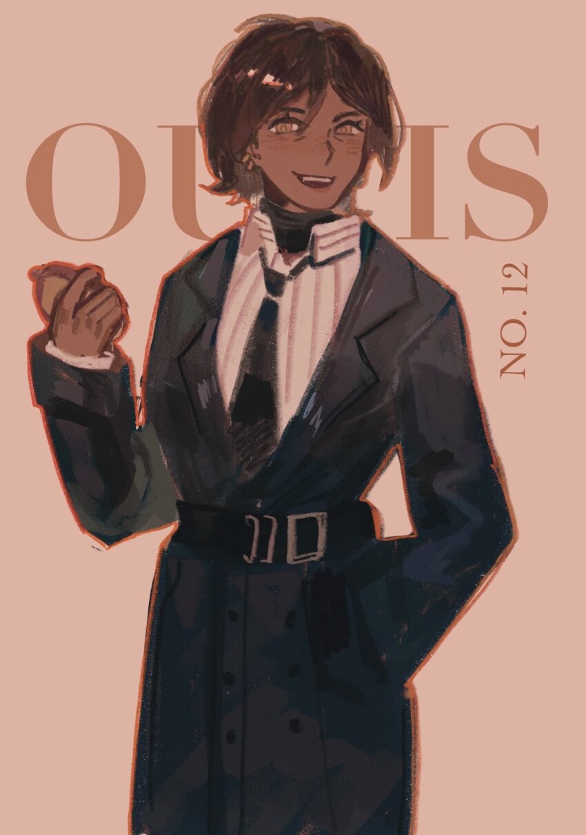 1girl, belt, black_belt, black_coat, black_necktie, brown_eyes, brown_hair, coat