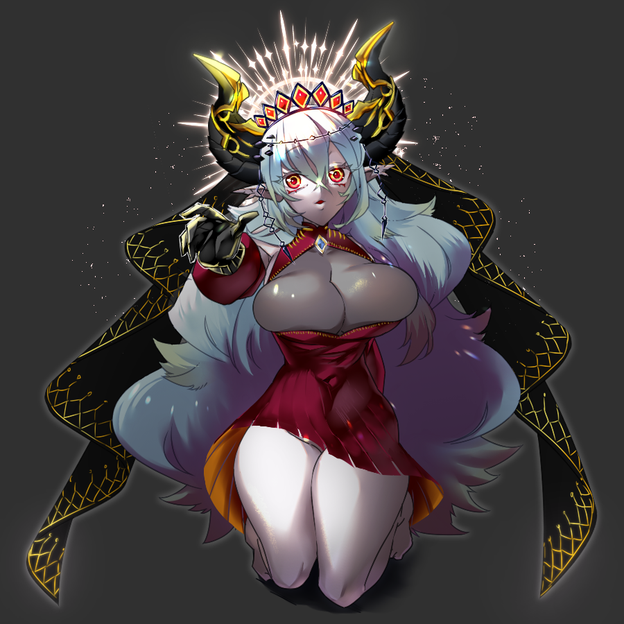 1girl, black_horns, blazing_cartesia_the_virtuous, breasts, dress, duel_monster, ecclesia_(yu-gi-oh!), full_body