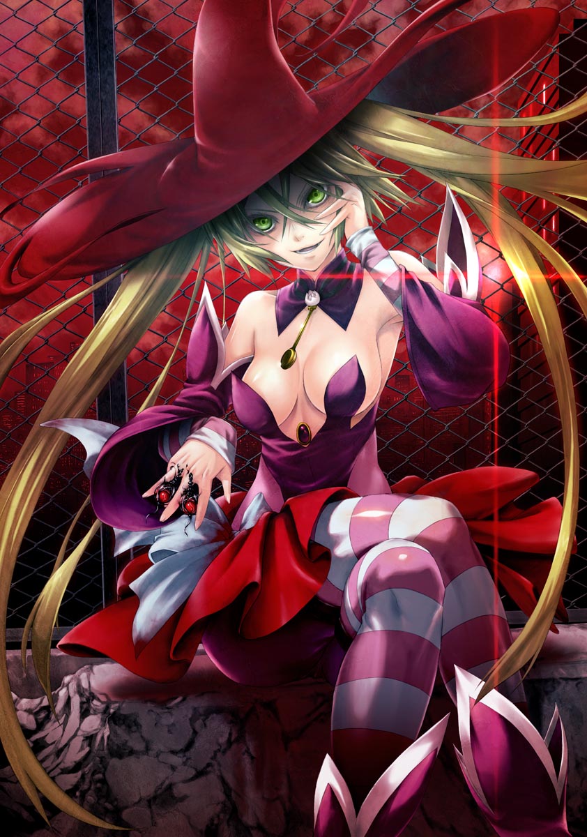10s, 1girl, anri_airi, araki_maki, armpits, asuka_yuuri, bare_shoulders, blonde_hair, breasts, cleavage, cloud, crossed_legs, detached_collar, detached_sleeves, evil_nut, evil_nuts, evil_smile, female_focus, green_eyes, hat, highres, jewelry, long_hair, magical_girl, mahou_shoujo_kazumi_magica, mahou_shoujo_madoka_magica, pantyhose, pendant, red_sky, shaded_face, sitting, sky, smile, solo, soul_gem, spoon, striped_clothes, striped_thighhighs, thighhighs, twilight, twintails, witch_hat, yuuri_(madoka_magica)