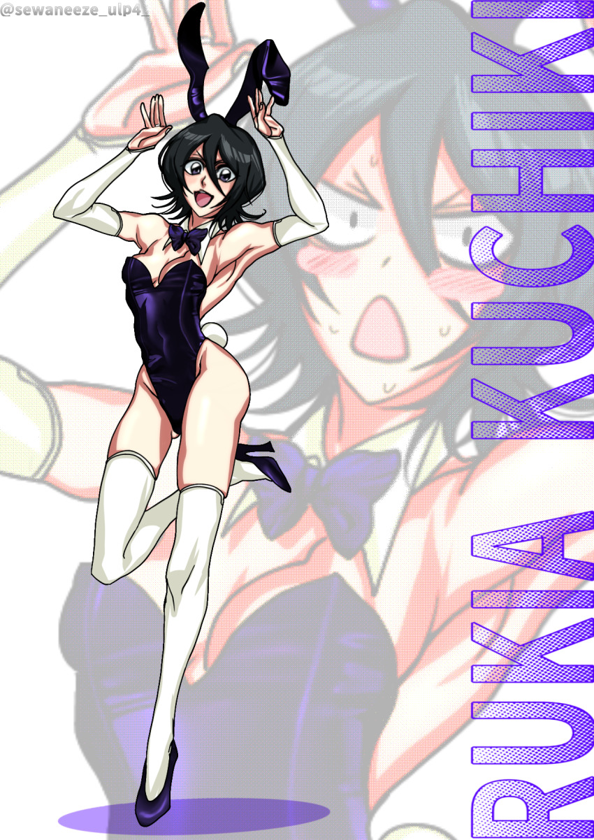 1girl, animal_ears, bare_shoulders, black_hair, bleach, breasts, elbow_gloves, fake_animal_ears, fake_bunny_ears, fake_tail, female_focus, full_body, gloves, high_heels, highres, kaneyasu, kuchiki_rukia, light_blush, medium_hair, open_mouth, playboy_bunny, skindentation, small_breasts, tail, thighhighs, white_thighhighs