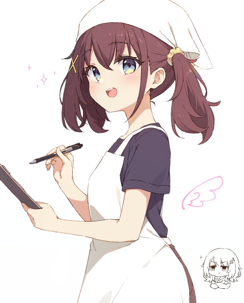 apron, bandana, black_shirt, blue_eyes, chibi, clipboard, cohiyuri, commentary, furutachi_kurea, hair_ornament, hair_scrunchie, hibi_wa_sugiredo_meshi_umashi, highres, holding, holding_clipboard, holding_pen, kawai_mako, light_blush, looking_at_viewer, medium_hair, open_mouth, pen, purple_hair, scrunchie, shirt, smile, solo_focus, sparkle, twintails, waitress, white_apron, white_bandana, x_hair_ornament, yellow_scrunchie