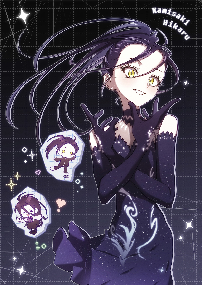 1girl, absurdres, black_dress, black_gloves, black_hair, character_name, dress, elbow_gloves, figure_skating_dress, gloves, heart, highres, jjim, kamisaki_hikaru, long_hair, medalist_(manga), pixel_heart, solo, yellow_eyes