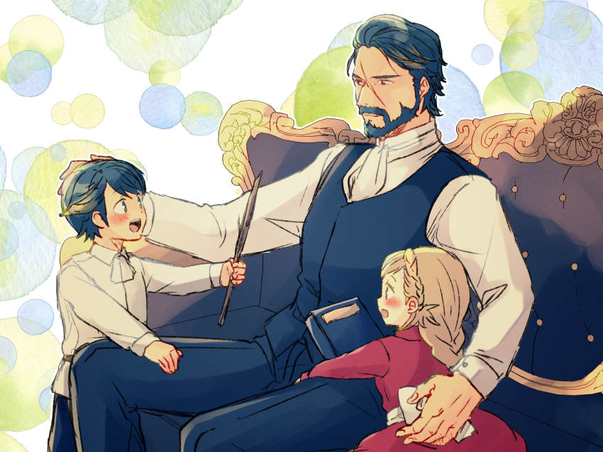 1girl, 2boys, :d, age_difference, aged_down, alfonse_(fire_emblem), arm_around_another's_waist, ascot