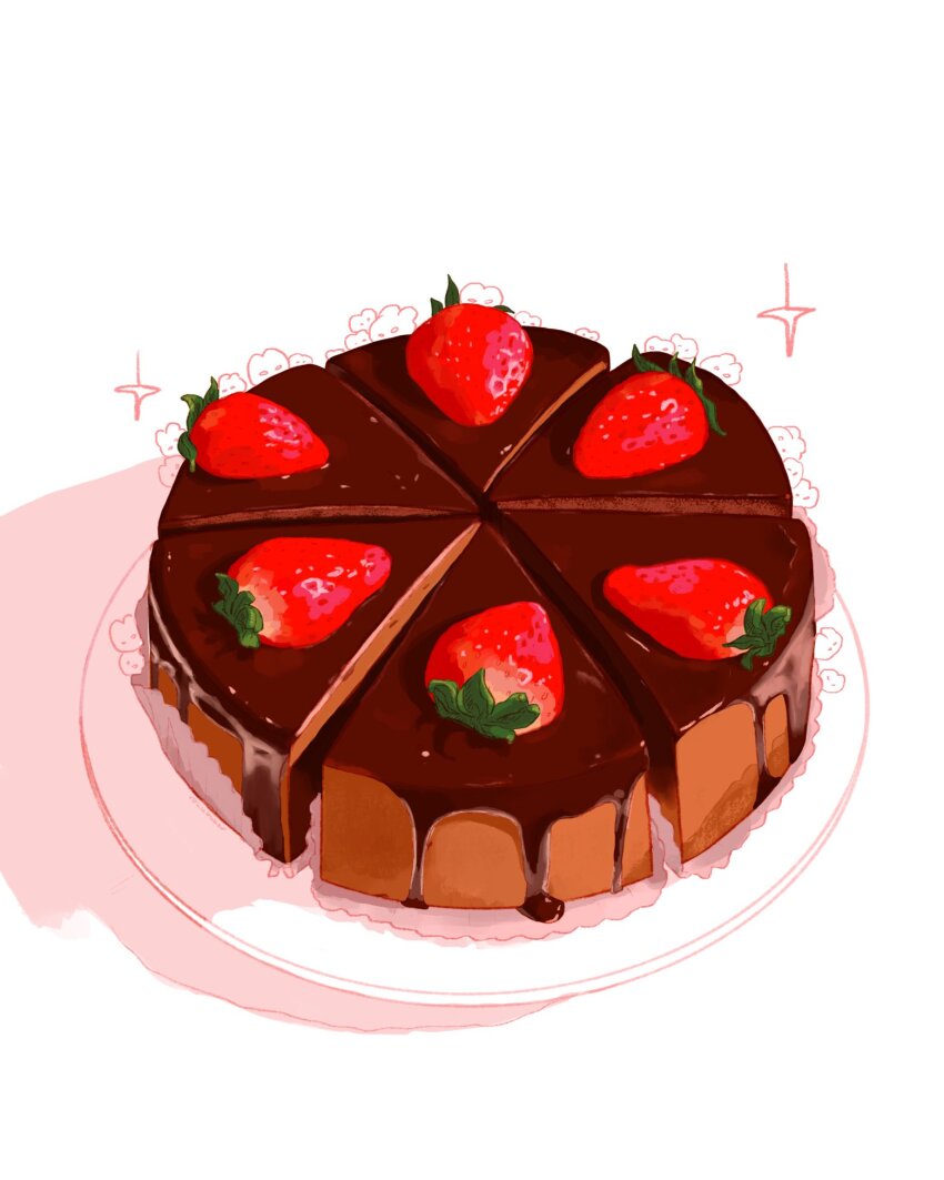 cake, cake_slice, chocolate_cake, chocolate_icing, food, food_focus, fruit, highres, icing, no_humans, original, rokktober, simple_background, strawberry, white_background