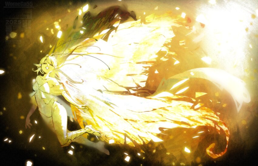 1girl, absurdres, antenna_hair, bare_shoulders, blonde_hair, butterfly_wings, colored_skin, cookie_run, cookie_run:_kingdom, highres, humanization, insect_wings, layered_clothes, leotard, long_eyelashes, long_hair, pointy_ears, sugarfly_cookie, thighs, very_long_hair, wings, womega_(sigma), yellow_leotard, yellow_skin