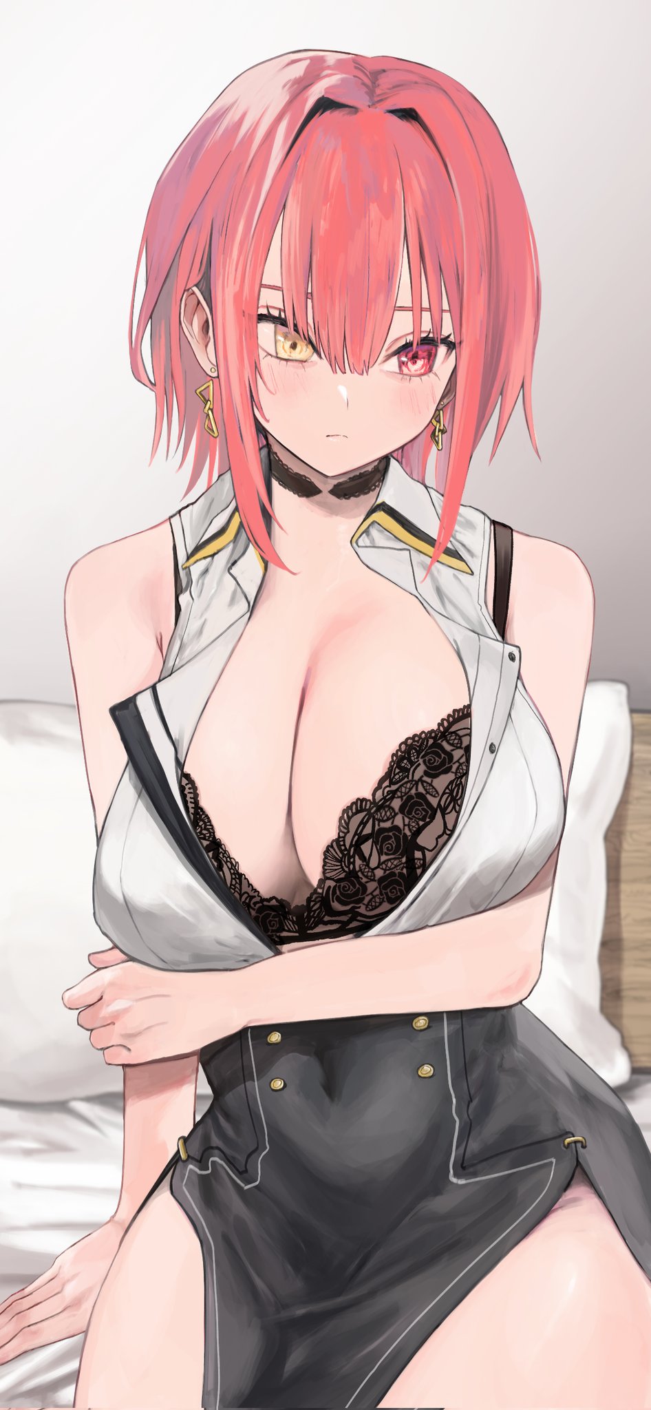1girl, arm_support, arm_under_breasts, bare_shoulders, black_bra, black_choker, bra, bra_peek, bra_strap, breasts, choker, cleavage, closed_mouth, collared_shirt, earrings, etou_yuuhi, hair_between_eyes, hashtag-only_commentary, heterochromia, high-waist_skirt, highres, hololive, houshou_marine, houshou_marine_(businesswoman), indoors, jewelry, lace, lace_bra, large_breasts, official_alternate_costume, official_alternate_hair_length, official_alternate_hairstyle, partially_unbuttoned, red_eyes, shirt, sitting, skirt, sleeveless, sleeveless_shirt, solo, triangle_earrings, underwear, virtual_youtuber, yellow_eyes