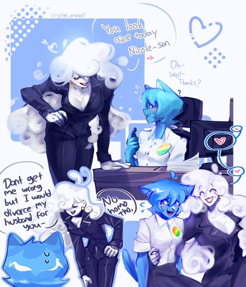 2girls, black_suit, blue_hair, blush, breasts, cleavage, cloud_hair, collared_shirt, crying_anabell, formal_clothes, highres, humanization, large_breasts, looking_at_another, multiple_girls, nicole_watterson, shirt, suit, the_amazing_world_of_gumball, white_shirt, yuki_yoshida, yuri