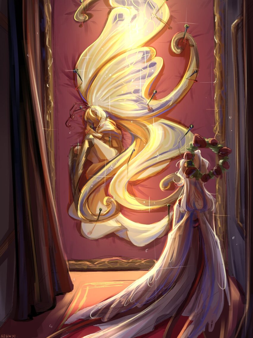 1boy, 1girl, angel_wings, armored_boots, blonde_hair, boots, bug, butterfly