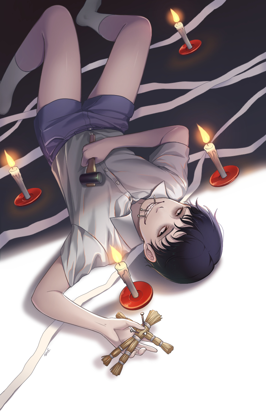 1boy, artist_name, bishounen, black_hair, candle, child, hammer, highres