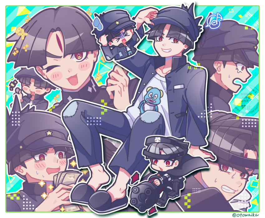 >_<, 1boy, armband, black_boots, black_cape, black_hair, black_jacket, black_pants