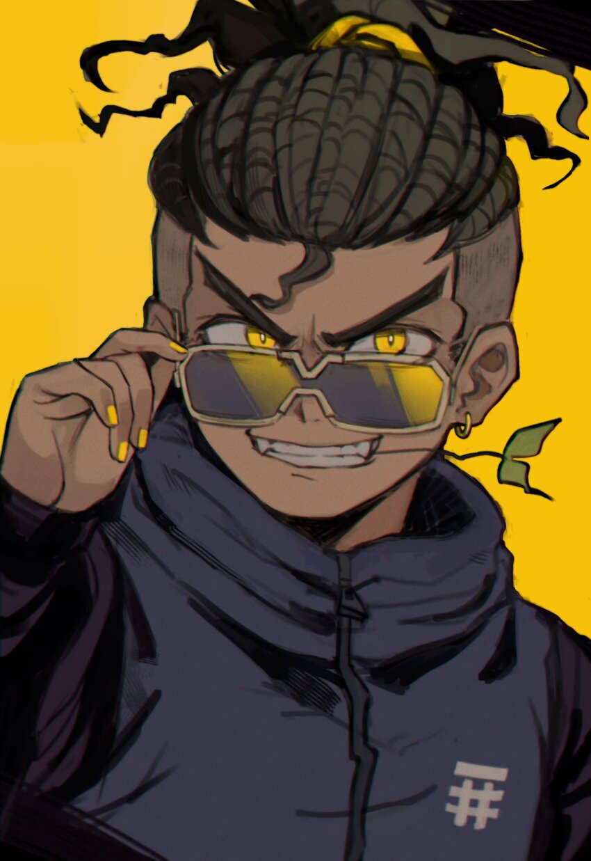 1boy, adjusting_eyewear, anaizzzen, black_jacket, commentary, dark-skinned_male, dark_skin, earrings, english_commentary, fangs, grin, highres, jacket, jewelry, looking_ahead, male_focus, mita_santarou, mouth_hold, ponytail, portrait, simple_background, smile, solo, stalk_in_mouth, sunglasses, tribe_nine, undercut, yellow_background, yellow_nails
