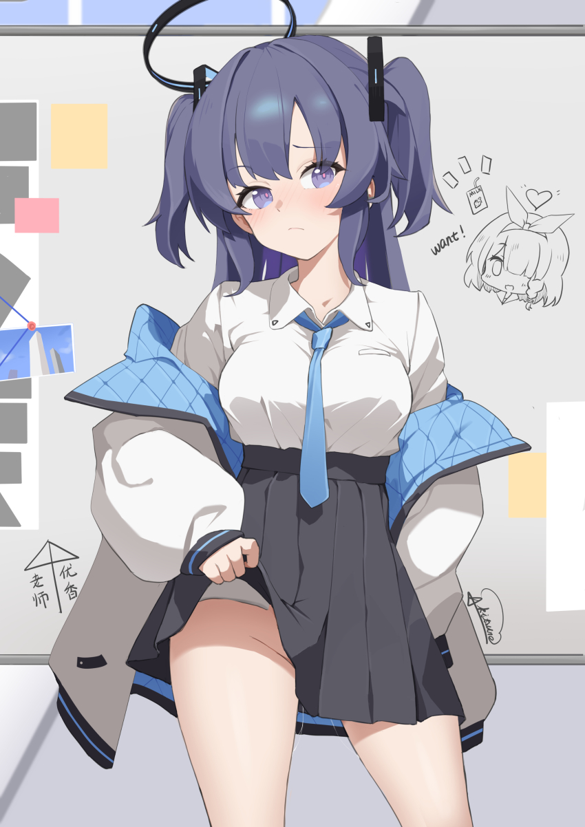 1girl, absurdres, arona_(blue_archive), black_halo, black_skirt, blue_archive, blue_necktie, breasts