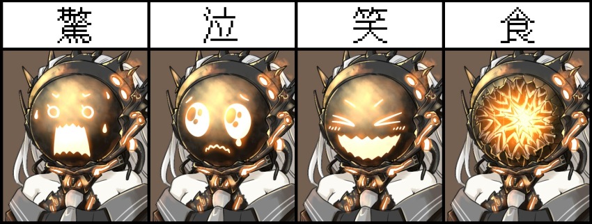 >_<, 1girl, abyssal_ship, bare_shoulders, closed_eyes, grey_necktie, kantai_collection, long_hair