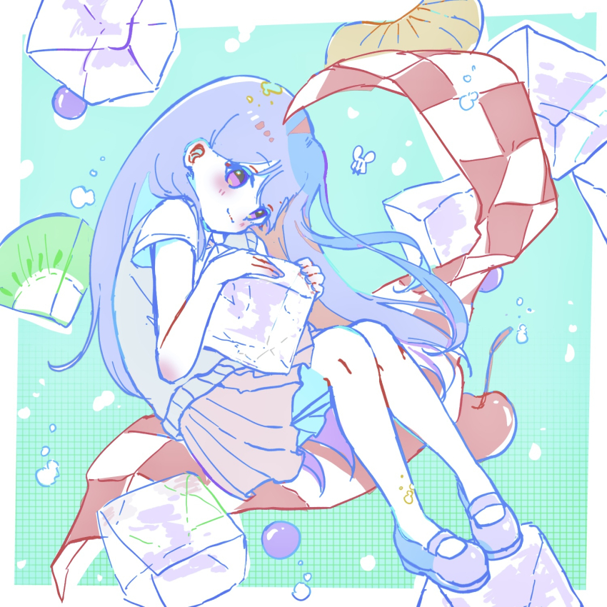 007f89_siyo, 1girl, :3, blush, border, closed_mouth, collared_shirt, colored_skin