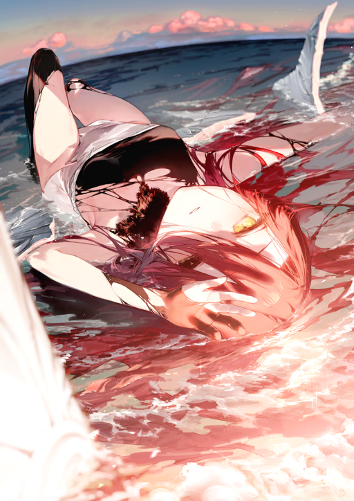 1girl, arm_above_head, beach, black_sclera, colored_sclera, curtained_hair, dress, fate/grand_order