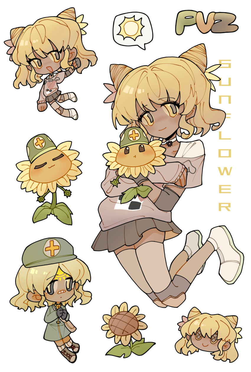 1girl, :d, :t, absurdres, asymmetrical_sleeves, bandaid, bandaid_on_face, bandaid_on_nose, black_eyes, black_gloves, blonde_hair, brown_shirt, character_name, chibi, chibi_inset, chinese_commentary, choker, closed_mouth, colored_shoe_soles, commentary_request, copyright_name, dark-skinned_female, dark_skin, dot_mouth, dress, elbow_pads, flower, full_body, gloves, grey_dress, grey_hat, grey_skirt, hair_flower, hair_horns, hair_ornament, hat, highres, holding, holding_flower, ive0iv7307, jumping, kneepits, long_sleeves, looking_at_viewer, miniskirt, multiple_views, no_nose, open_mouth, personification, pink_flower, plants_vs._zombies, pleated_skirt, shirt, shoes, short_hair, short_sleeves, simple_background, skindentation, skirt, sleeves_past_wrists, smile, solid_oval_eyes, spoken_sun, sunflower, sunflower_(plants_vs._zombies), two-sided_fabric, two-sided_skirt, white_background, white_choker, white_shoes, yellow_eyes, yellow_flower