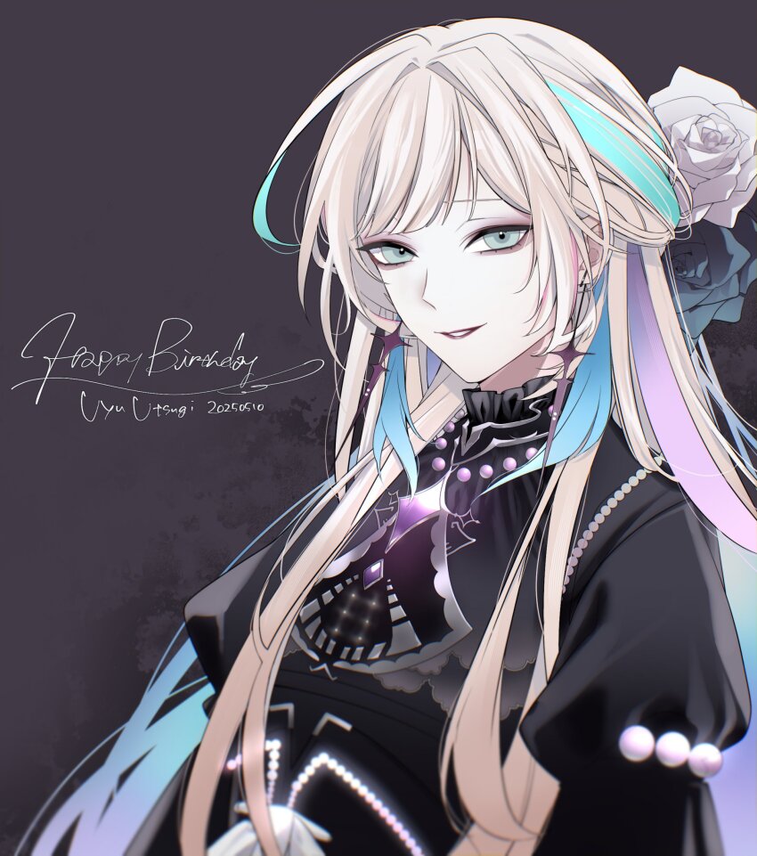 029jrr, 1boy, aqua_eyes, aqua_hair, black_dress, black_flower, black_rose, blue_hair, brooch, character_name, colored_inner_hair, crossdressing, crossdressing_(mtf), dated, dress, earrings, eyeshadow, flower, frilled_shirt_collar, frills, gem, hair_flower, hair_ornament, happy_birthday, highres, holostars, jewelry, juliet_sleeves, lipstick, long_hair, long_sleeves, looking_at_viewer, makeup, male_focus, multicolored_hair, official_alternate_costume, parted_lips, pearl_(gemstone), pink_hair, puffy_sleeves, purple_background, purple_eyeshadow, purple_gem, purple_hair, purple_lips, rose, sideways_glance, simple_background, smile, solo, star_(symbol), star_earrings, streaked_hair, swept_bangs, trap, upper_body, utsugi_uyu, virtual_youtuber, white_flower, white_hair, white_rose