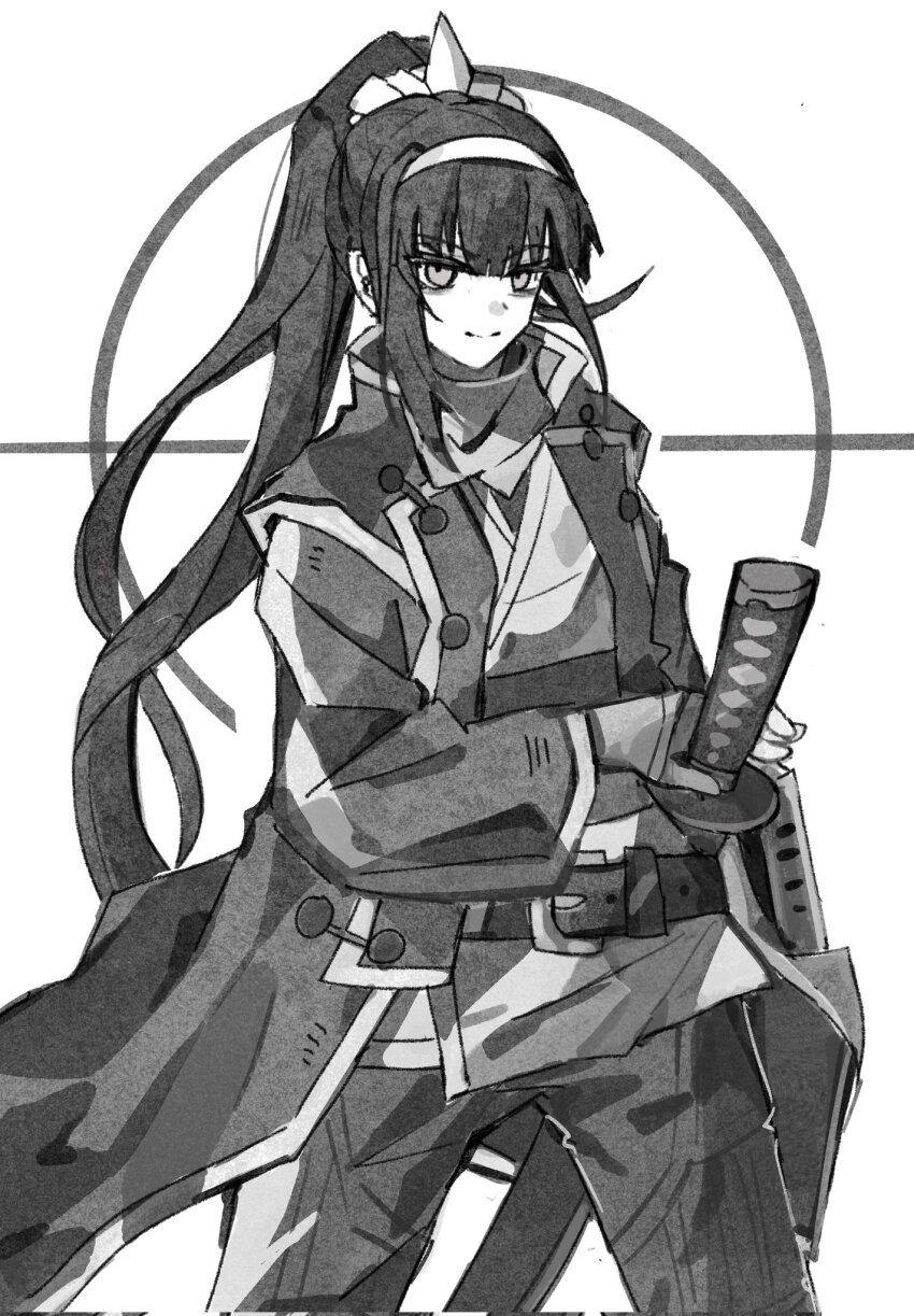 1girl, belt, black_hair, cosplay, female_focus, flynn_(megami_tensei), flynn_(megami_tensei)_(cosplay), greyscale, highres, holding, holding_sword, holding_weapon, holy_jumonji_sword, jacket, japanese_clothes, long_hair, looking_at_viewer, magadori_kyoshika, monochrome, ponytail, shin_megami_tensei, shin_megami_tensei_iv, simple_background, smile, solo, solo_focus, sword, the_hundred_line_-last_defense_academy-, weapon, white_background
