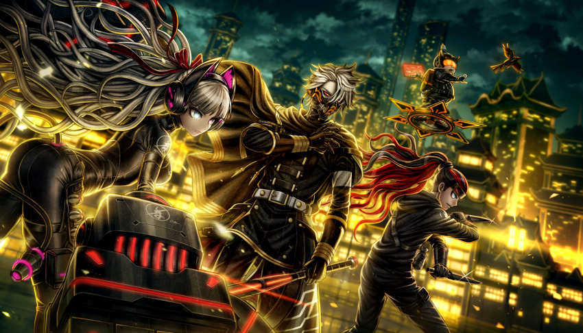 1girl, 3boys, akiba_hinagiku, akiba_ichinosuke, akiba_saizo, animal_ear_headphones, animal_ears, black_bodysuit