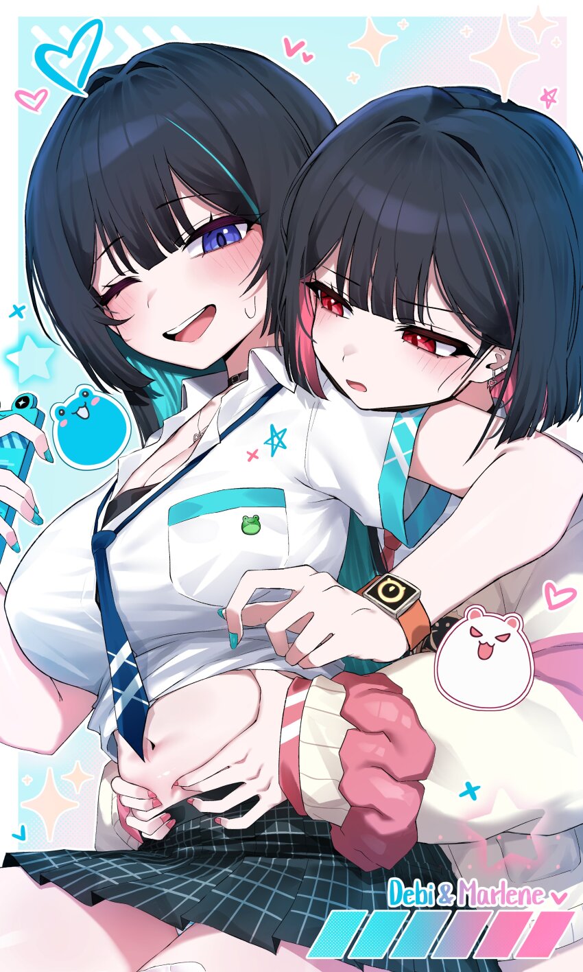 2girls, absurdres, black_choker, black_hair, black_survival, blue_eyes, blue_necktie, breast_pocket