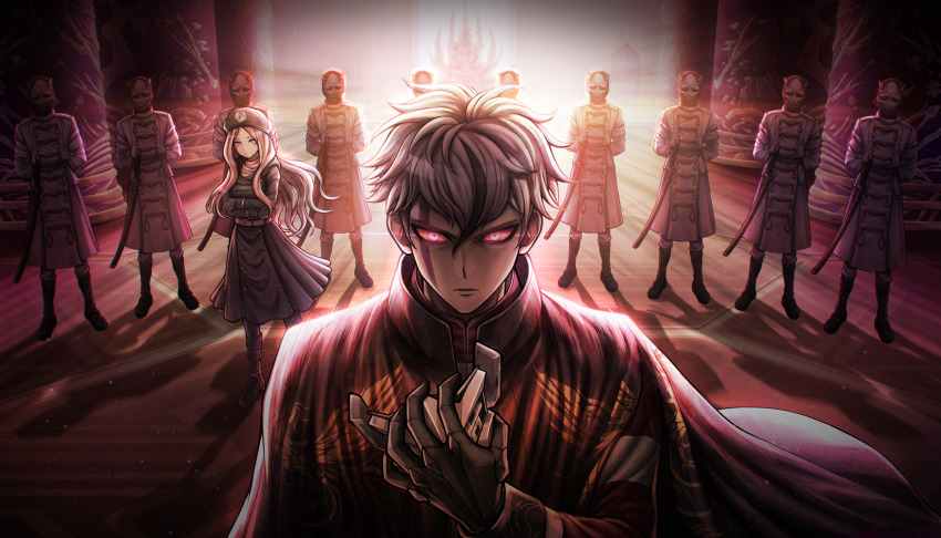 1boy, 1girl, 6+others, cloak, colored_sclera, frown, glowing, glowing_eyes