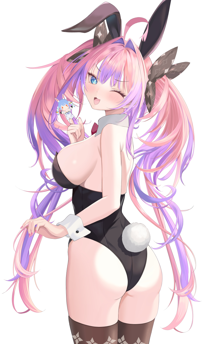 +_+, 1girl, 774norango, ;3, absurdres, ahoge, animal_ears, ass, back_ribbon, bare_shoulders, black_leotard, black_ribbon, blue_eyes, blush, bow, bowtie, breasts, brown_thighhighs, character_doll, commentary, detached_collar, doll, finger_puppet, fingernails, hair_intakes, hair_ribbon, highres, hololive, hololive_dev_is, kikirara_vivi, large_breasts, leotard, long_hair, looking_at_viewer, multicolored_hair, nail_polish, one_eye_closed, open_mouth, pink_hair, pink_nails, playboy_bunny, puppet, purple_hair, rabbit_ears, rabbit_tail, red_bow, red_bowtie, ribbon, simple_background, smile, solo, strapless, strapless_leotard, tail, thighhighs, thighs, twintails, two-tone_hair, usada_pekora, virtual_youtuber, white_background, white_wrist_cuffs, wrist_cuffs