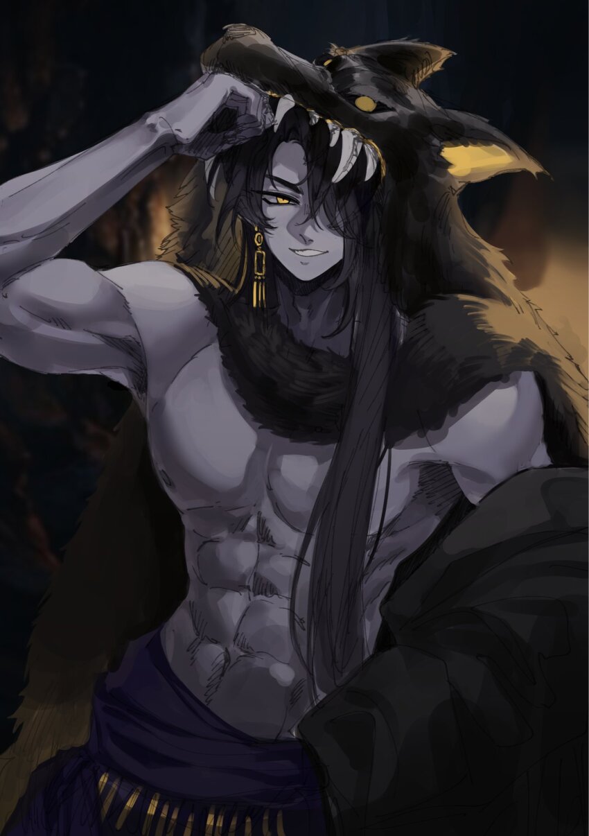 1boy, abs, black_hair, clenched_hand, cowboy_shot, earrings, falling_shark, grey_skirt