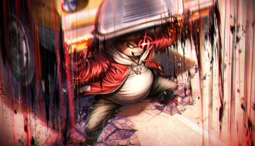 1boy, backwards_hat, baseball_cap, brown_eyes, brown_hair, brown_pants, car, clenched_teeth