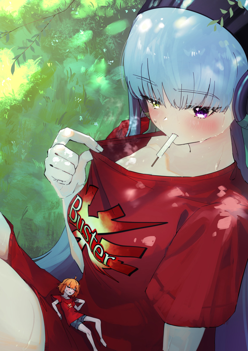 2girls, absurdres, bare_legs, barefoot, blush, breasts, closed_eyes, dripping