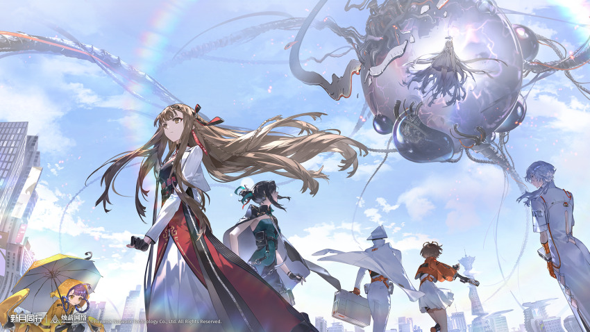 1boy, 1other, 5girls, black_coat, black_gloves, black_hair, blonde_hair, blue_hair