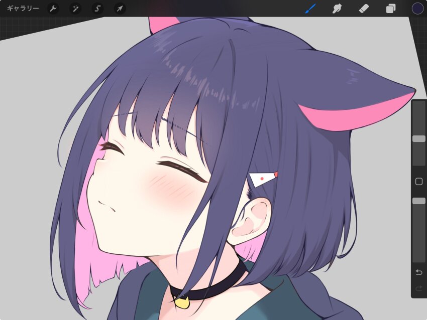 1girl, animal_ears, art_program_in_frame, art_program_request, black_choker, black_jacket, blue_archive, blush, cat_choker, cat_ears, choker, close-up, closed_eyes, colored_inner_hair, commentary_request, green_sailor_collar, hair_ornament, hairpin, highres, hood, hood_down, hooded_jacket, jacket, kazusa_(blue_archive), kurumi_kororin, medium_hair, multicolored_hair, missing_halo, pink_hair, portrait, purple_hair, sailor_collar, screencap, sidelocks
