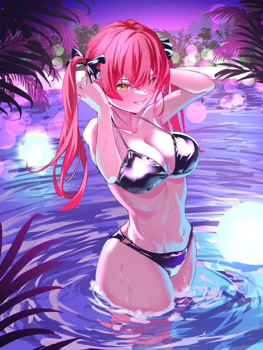 1girl, absurdres, bikini, black_bikini, breasts, heterochromia, highres, hololive, houshou_marine, keren_illust, large_breasts, long_hair, parted_lips, red_eyes, red_hair, smile, solo, standing, swimsuit, virtual_youtuber, wading, water