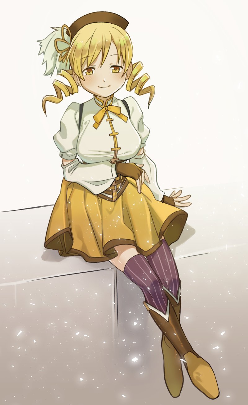 1girl, blonde_hair, boots, breasts, crossed_ankles, detached_sleeves, drill_hair, female_focus