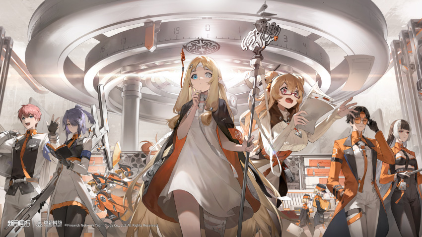 2boys, 6+girls, :d, adjusting_eyewear, black_coat, black_gloves, black_hair, black_pants