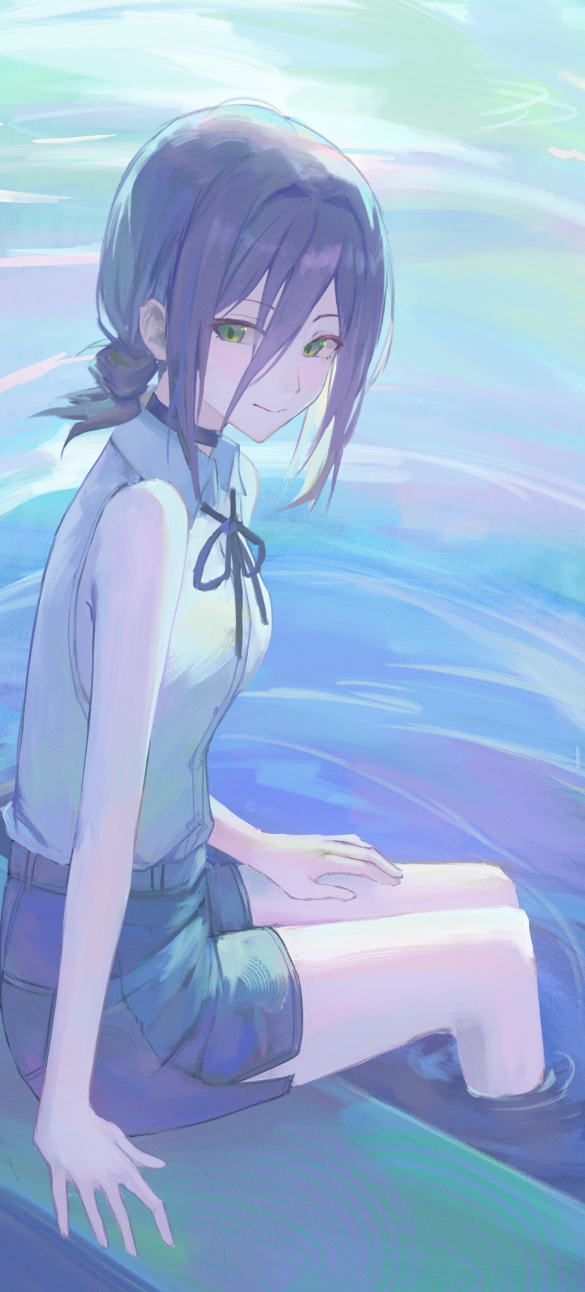 1girl, absurdres, black_choker, black_hair, black_ribbon, blue_shorts, blush, chainsaw_man