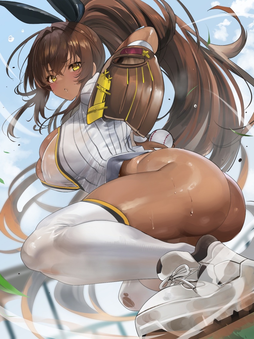 1girl, ass, ball, baseball, baseball_(object), baseball_glove, baseball_uniform, blush, bottomless, breasts, brown_hair, cleavage, dark-skinned_female, dark_skin, goddess_of_victory:_nikke, hair_ribbon, highres, large_breasts, long_hair, looking_at_viewer, no_panties, noir_(baseball_cheerleader)_(nikke), noir_(nikke), ponytail, ribbon, shirt, shoes, short_sleeves, sneakers, solo, sportswear, teddypocky, thighhighs, very_long_hair, white_shirt, white_thighhighs, yellow_eyes
