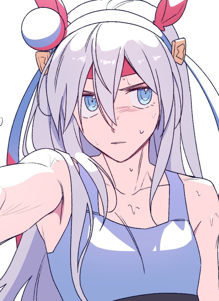 breasts, ear_covers, grey_hair, horse_girl, small_breasts, sweat, tamamo_cross_(racehorse), tamamo_cross_(umamusume)