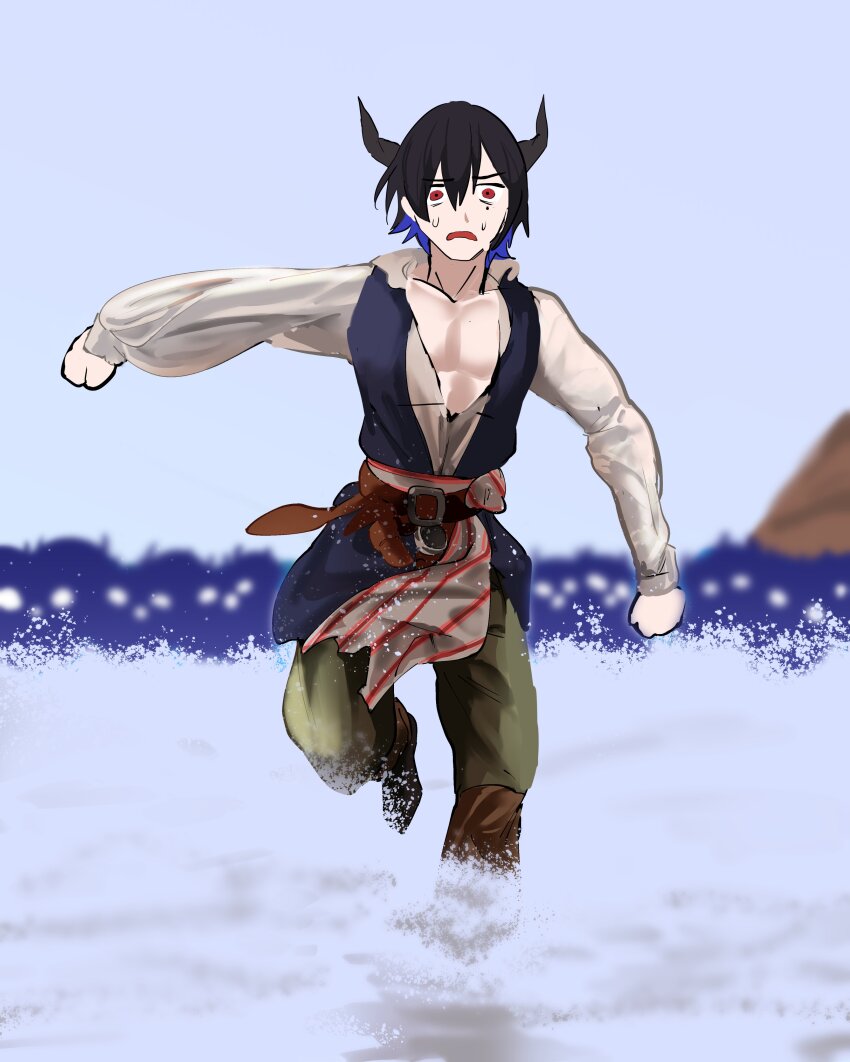 1boy, absurdres, beach, belt, black_hair, black_vest, brown_belt, cosplay, daaku_(koizumi_arata), demon_horns, fleeing, highres, hololive, hololive_english, horns, jack_sparrow, jack_sparrow_(cosplay), jailbird_(nerissa_ravencroft), malphis_ravencroft_ii, multicolored_hair, parody, partially_submerged, pectoral_cleavage, pectorals, pirate_costume, pirates_of_the_caribbean, red_eyes, shirt, sweat, vest, virtual_youtuber, water, white_shirt