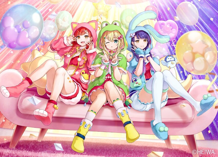 3girls, :d, ;o, animal_hood, arm_warmers, blonde_hair, bloomers, blowing_kiss