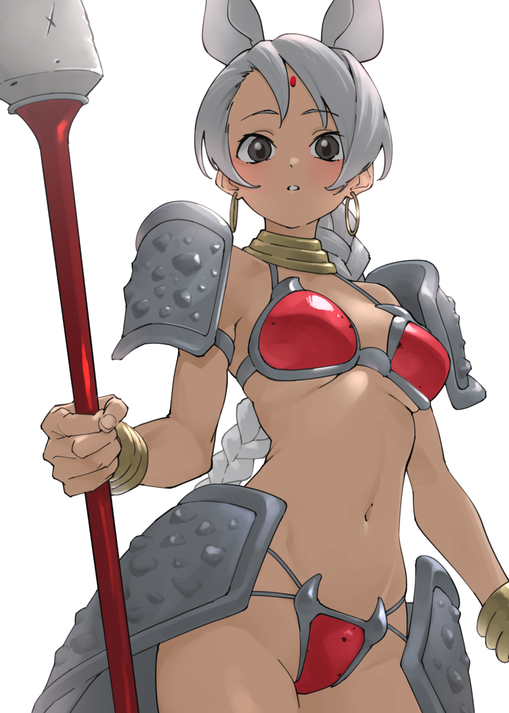 1girl, animal_ears, armor, bangle, bare_arms, bikini_armor, bindi, black_eyes