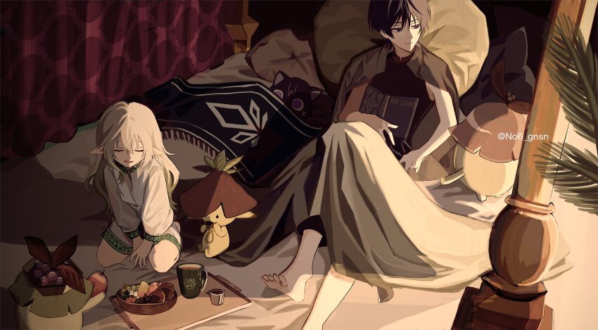 1boy, 1girl, absurdres, alternate_costume, alternate_hairstyle, animalization, apple, arabian_clothes, aranara_(genshin_impact), arms_at_sides, black_bodysuit, black_cat, black_eyes, black_hair, blanket, bodysuit, book, candy, cat, closed_eyes, closed_mouth, collar, colored_tips, cup, curtains, eyelashes, eyeliner, eyeshadow, facing_down, food, fringe_trim, fruit, genshin_impact, green_collar, green_hair, grey_jacket, hair_between_eyes, hair_down, half-closed_eyes, hand_between_thighs, highres, holding, holding_book, jacket, jacket_on_shoulders, knee_up, lavender_melon_(genshin_impact), long_hair, long_sleeves, looking_to_the_side, makeup, mandarin_collar, multicolored_hair, nahida_(genshin_impact), no6_gnsn, on_bed, open_book, open_mouth, person_and_animalization, pillar, pillow, plant, pointy_ears, red_eyeliner, red_eyeshadow, scaramouche_(cat)_(genshin_impact), scaramouche_(genshin_impact), seiza, shadow, shirt, sidelighting, sitting, smile, stuffed_animal, stuffed_toy, tray, twitter_username, under_covers, wanderer_(genshin_impact), white_hair, white_shirt, white_sleeves, white_trim