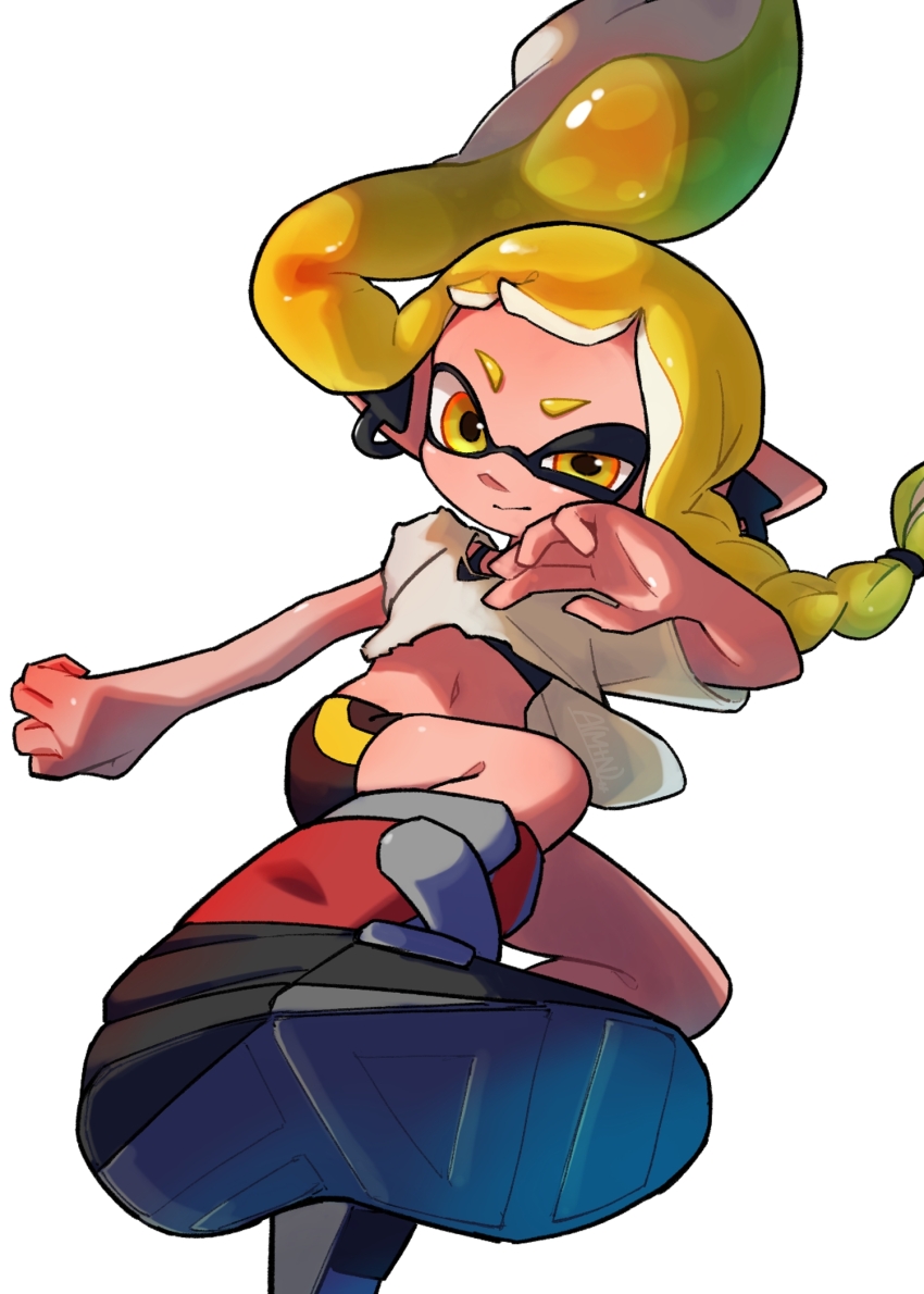 1girl, 95mana, bike_shorts, blonde_hair, braid, closed_mouth, commentary_request, highres, inkling, inkling_girl, inkling_player_character, long_hair, navel, nintendo, pointy_ears, shirt, short_eyebrows, simple_background, single_braid, solo, splatoon_(series), splatoon_3, tentacle_hair, thick_eyebrows, torn_clothes, torn_shirt, white_background, white_shirt, yellow_eyes
