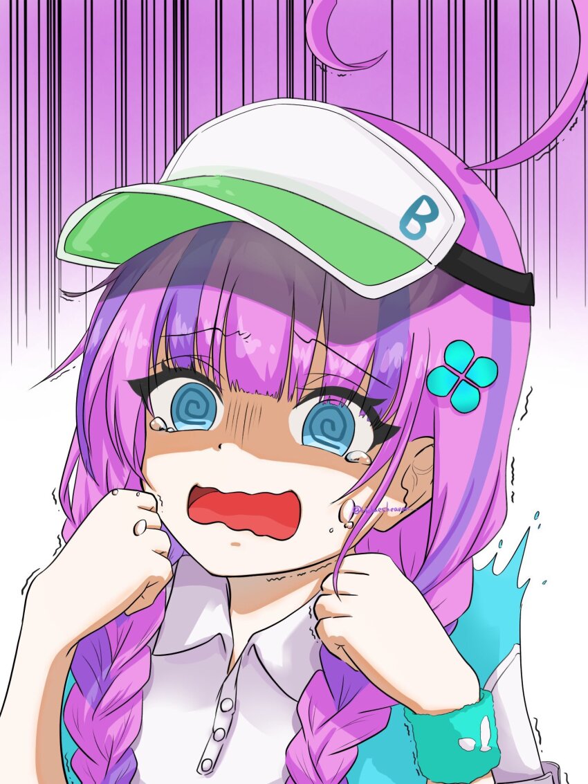 1girl, ahoge, aqua_eyes, braid, clover_hair_ornament, date_akari, hair_ornament, heaven_burns_red