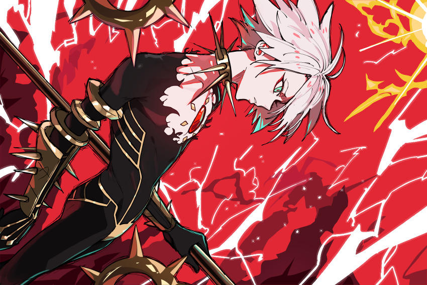 1boy, absurdres, aqua_eyes, armor, black_bodysuit, bodysuit, chest_jewel, collar, colored_skin, ebora, electricity, eyeshadow, fate/grand_order, fate_(series), gem, hair_between_eyes, highres, holding, holding_polearm, holding_weapon, karna_(fate), kavacha_(fate), makeup, male_focus, non-web_source, pale_skin, parted_lips, polearm, red_background, red_eyeshadow, red_gem, short_hair, solo, spiked_collar, spikes, vambraces, vasavi_shakti_(fate), weapon, white_hair, white_skin