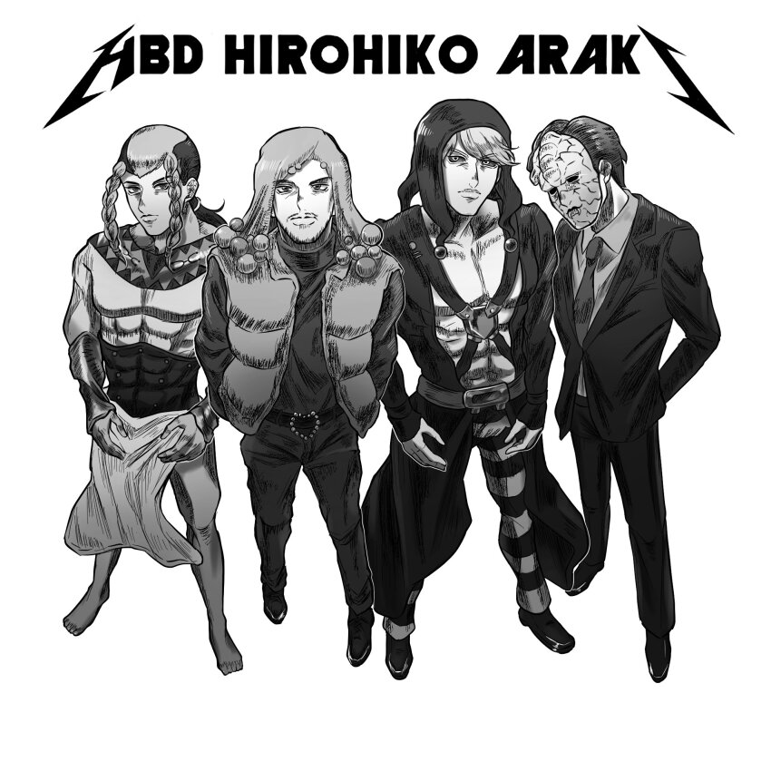 4boys, abs, araki_hirohiko_(person), belt_buckle, black_sclera, braid, buckle, collared_shirt