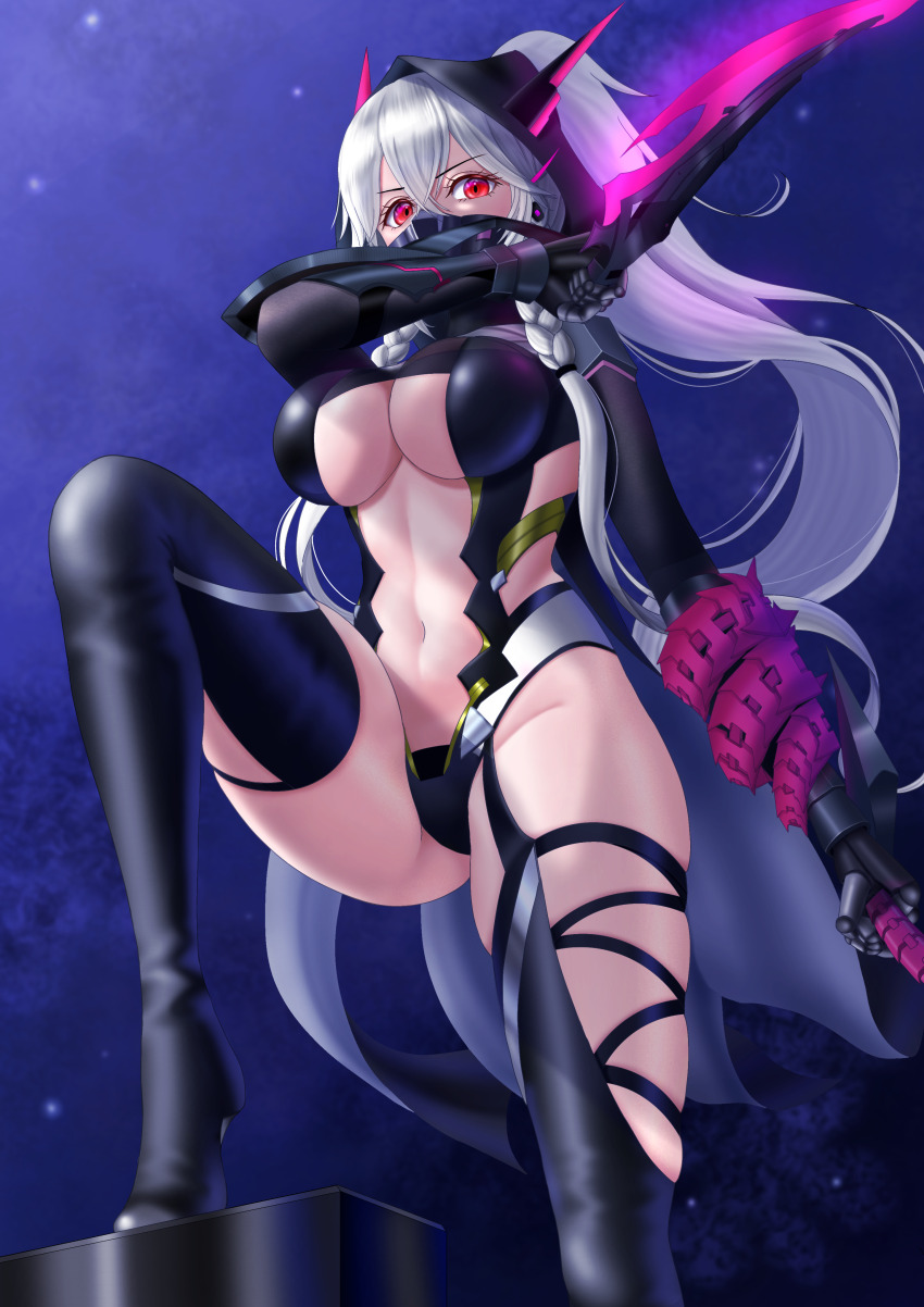 1girl, absurdres, black_boots, black_gauntlets, black_mask, boots, braid, breasts