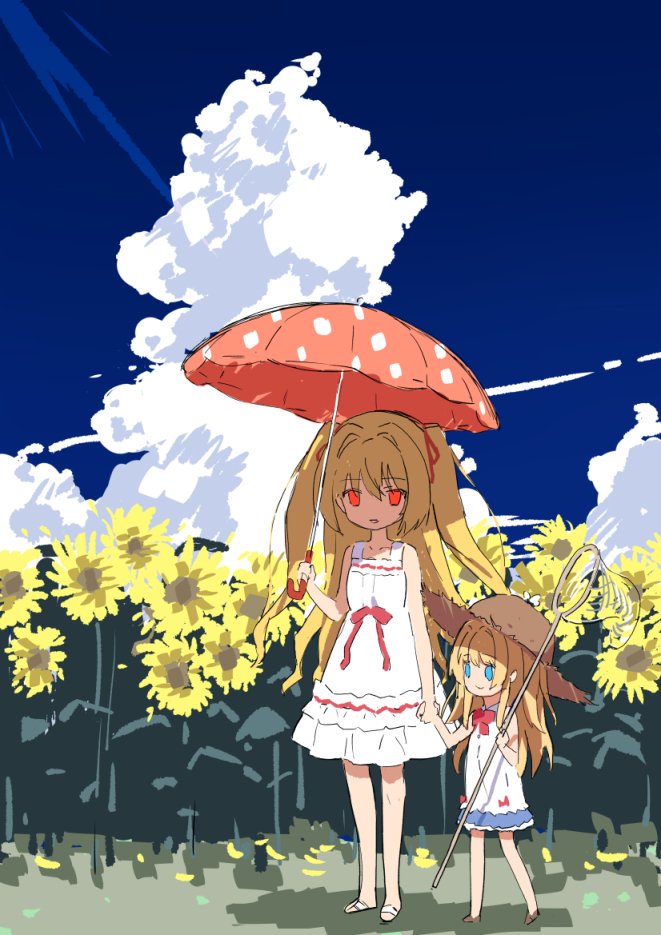 age_difference, ahoge, arm_at_side, bare_arms, birthday, black_skirt, blonde_hair, blue_eyes