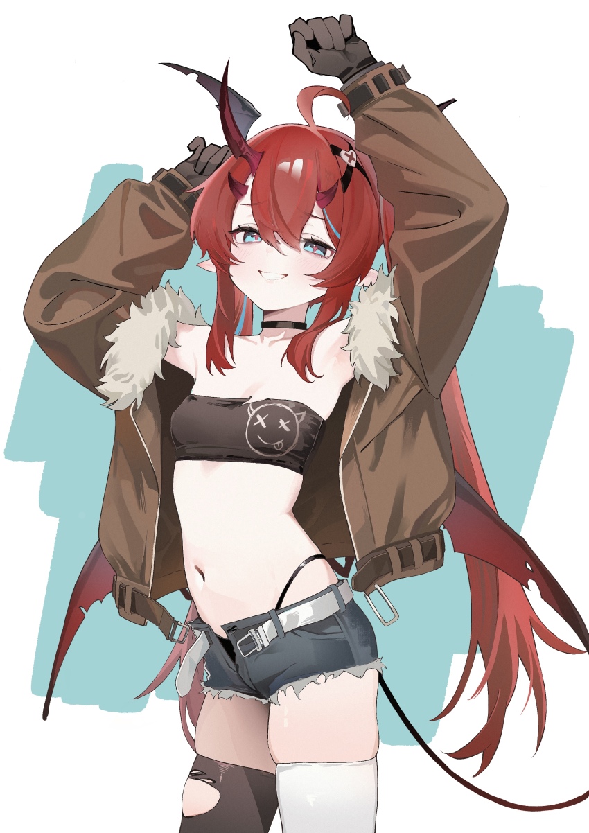 +_+, 1girl, absurdres, ahoge, armpits, arms_up, asymmetrical_legwear, black_choker, black_gloves, black_panties, black_thighhighs, black_tube_top, blue_eyes, breasts, brown_jacket, choker, demon_horns, demon_wings, denim, denim_shorts, emika_(starward), fur-trimmed_jacket, fur_trim, gloves, grin, highleg, highleg_panties, highres, horns, jacket, looking_at_viewer, navel, open_clothes, open_jacket, panties, petite, pointy_ears, red_hair, red_pupils, short_shorts, shorts, simple_background, skindentation, small_breasts, smile, solo, starward, stomach, strapless, thighhighs, tube_top, twintails, underwear, user_dmam8834, white_thighhighs, wings